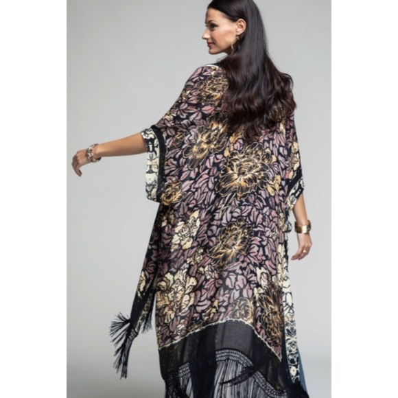 SOLD OUT Delphi Floral Motif Tassel Kimono Duster Full Long Maxi Length Coverup - Picture 4 of 5